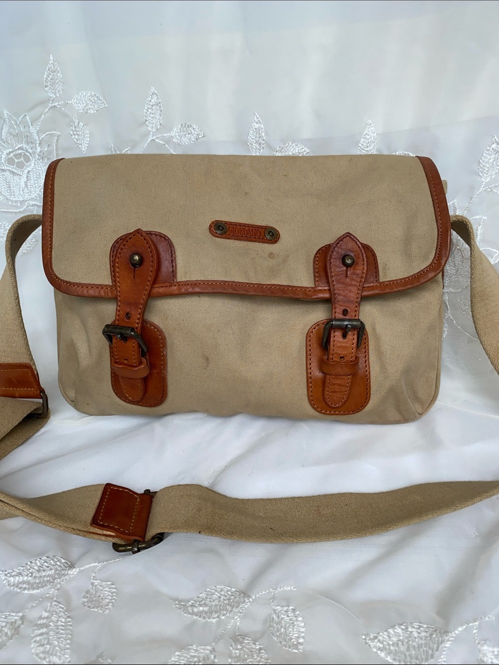 Vintage Giordano Canvas Messenger Bag with Brown Leather Trim - Beige